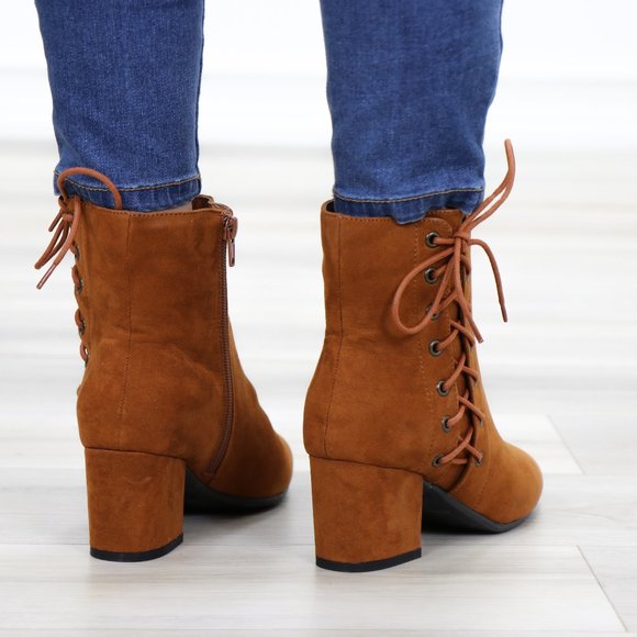 Brown Faux Suede Ankle Booties Side Laced Up - Picture 8 of 11
